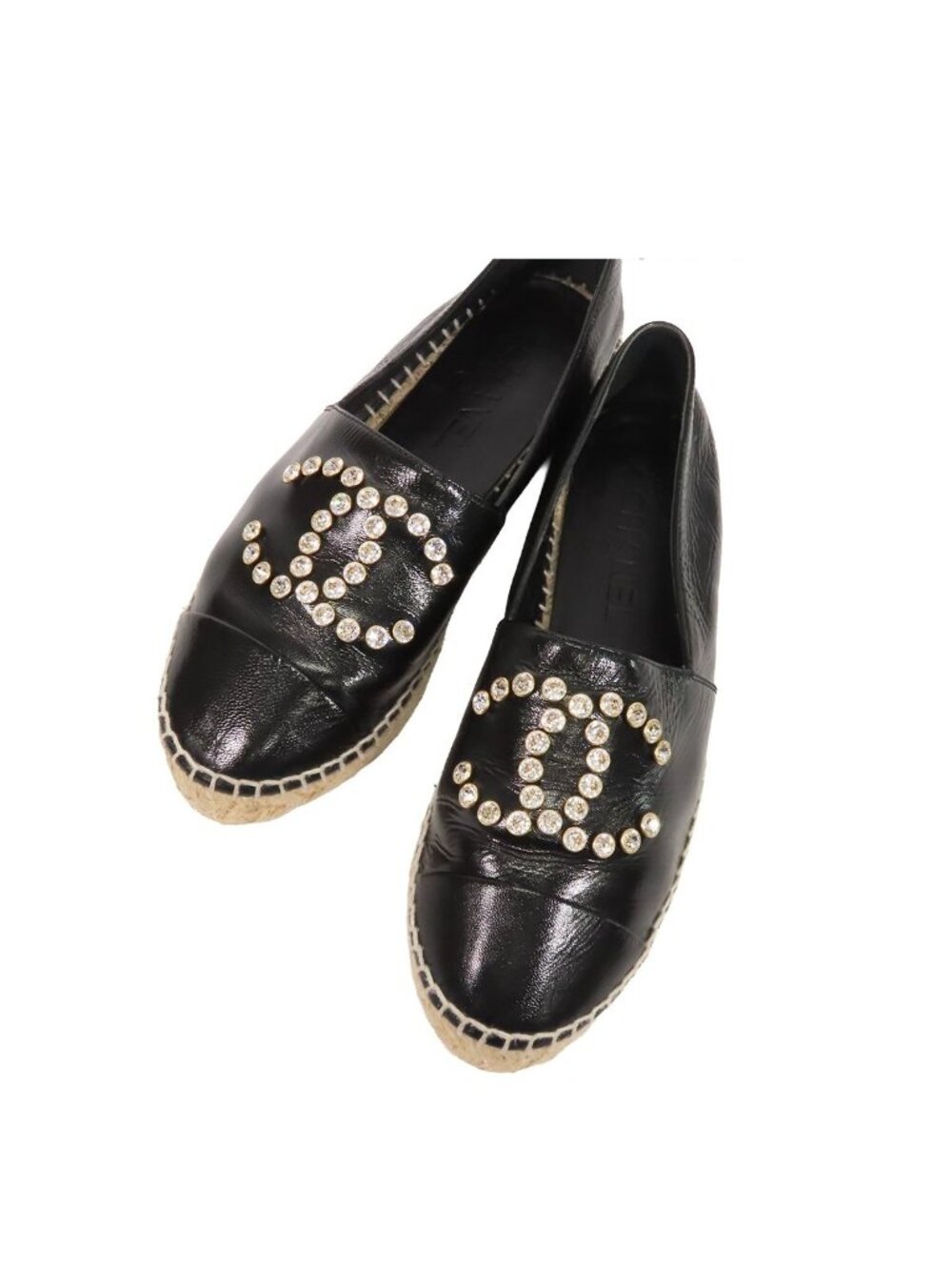 Chanel Espadrilles Black Gold Leather Jute Rhinestone Slip-on Flat Shoes CC